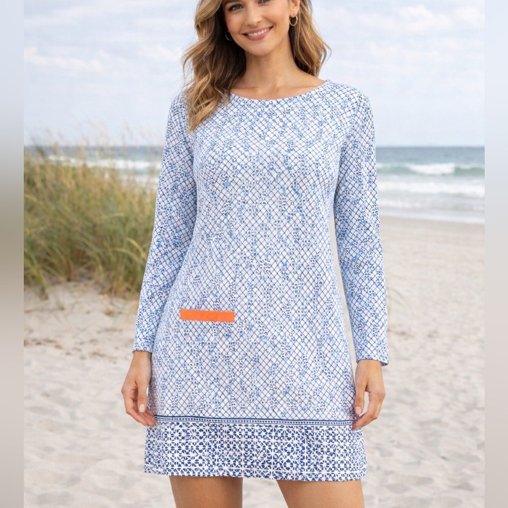 Cabana Life Blue and White Geometric Dress S new